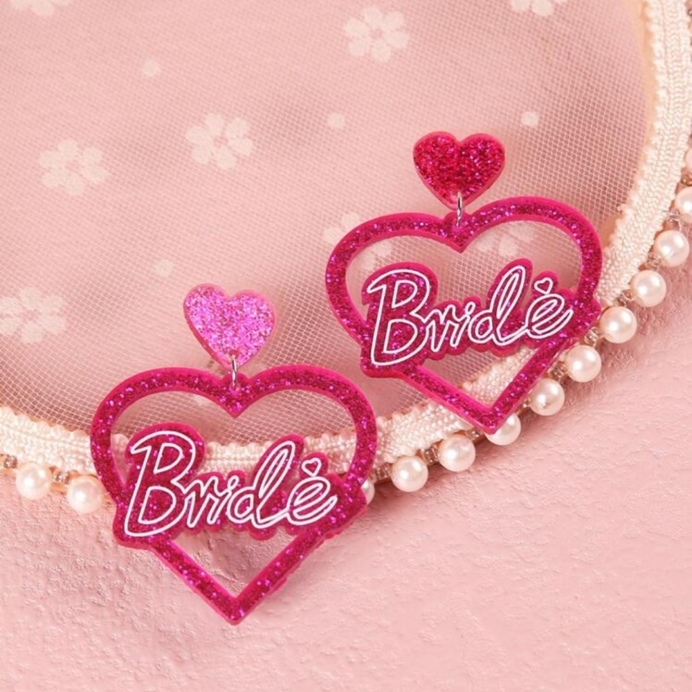 Bride Heart Drop Earrings - Hot Pink Glitter